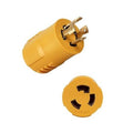 Yellow generator-to-welder adapter with 4-prong twist-lock male plug and metal pins