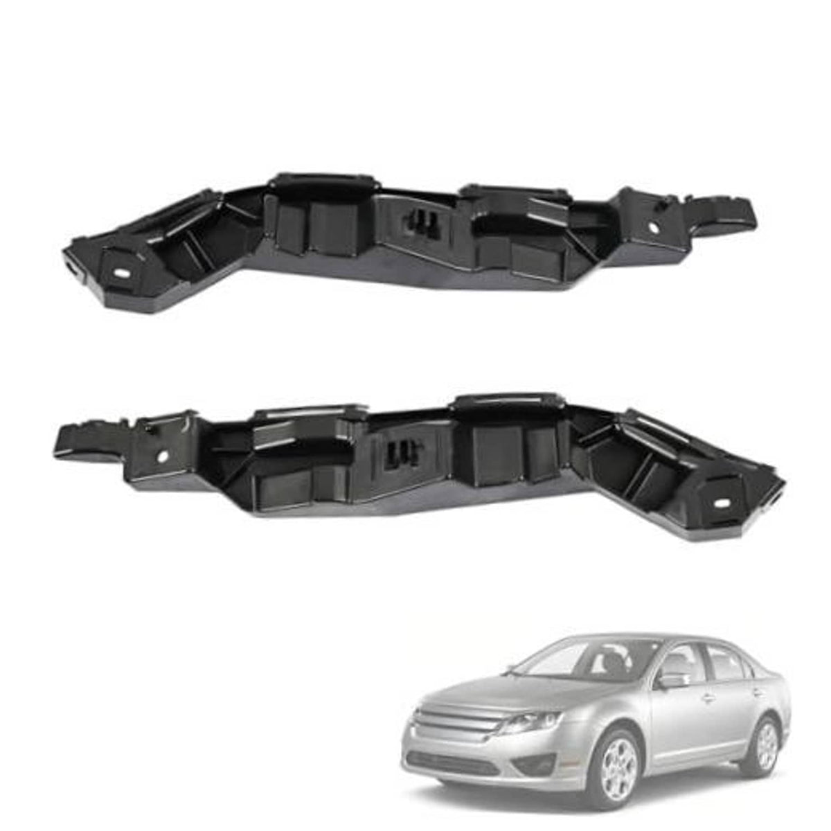 Front bumper cover support bracket set, black plastic/metal components for mounting