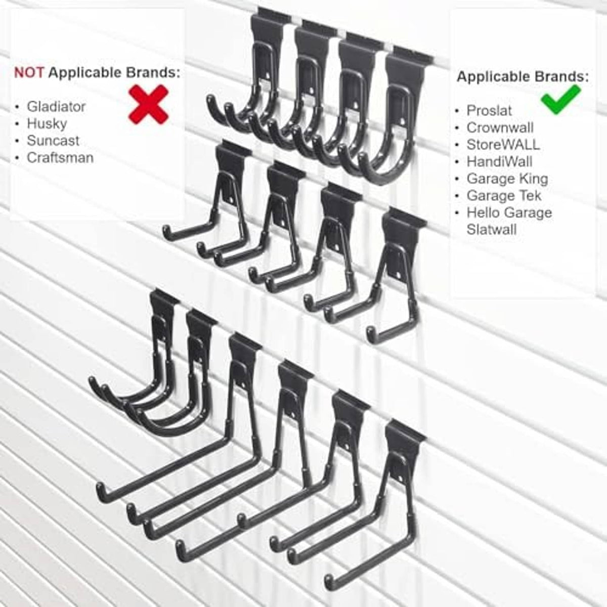 Black slatwall hook set with multiple curved arms for hanging tools