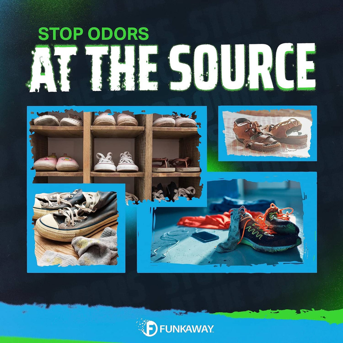 Shoe odor eliminator promotional graphic showing sneakers, boots, and odor-source photos
