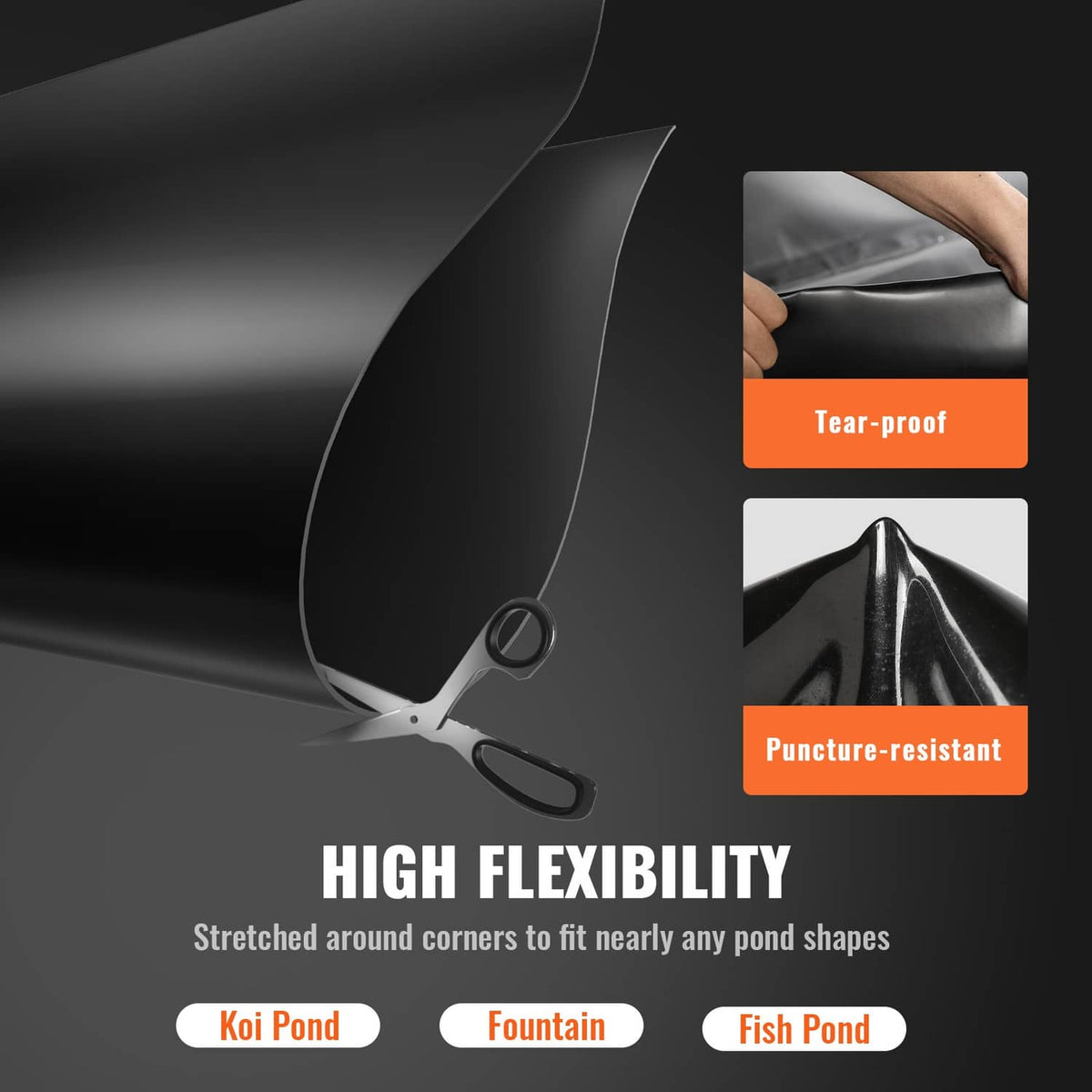 Black flexible pond liner edge detail showing tear-resistant and puncture-resistant design