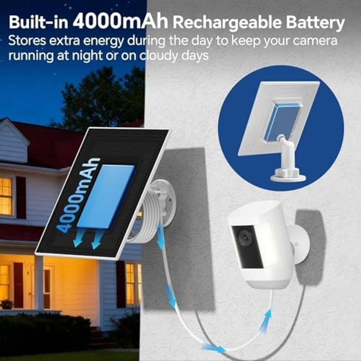 Black solar panel charger with built-in 4000mAh rechargeable battery for outdoor use