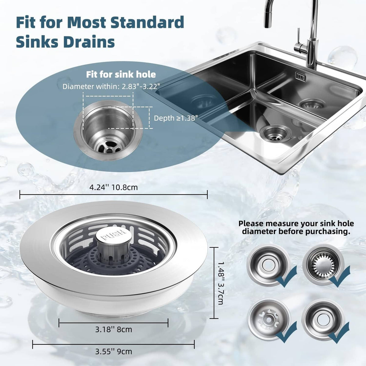 Kitchen sink drain strainer and stopper sized for standard sink drain holes
