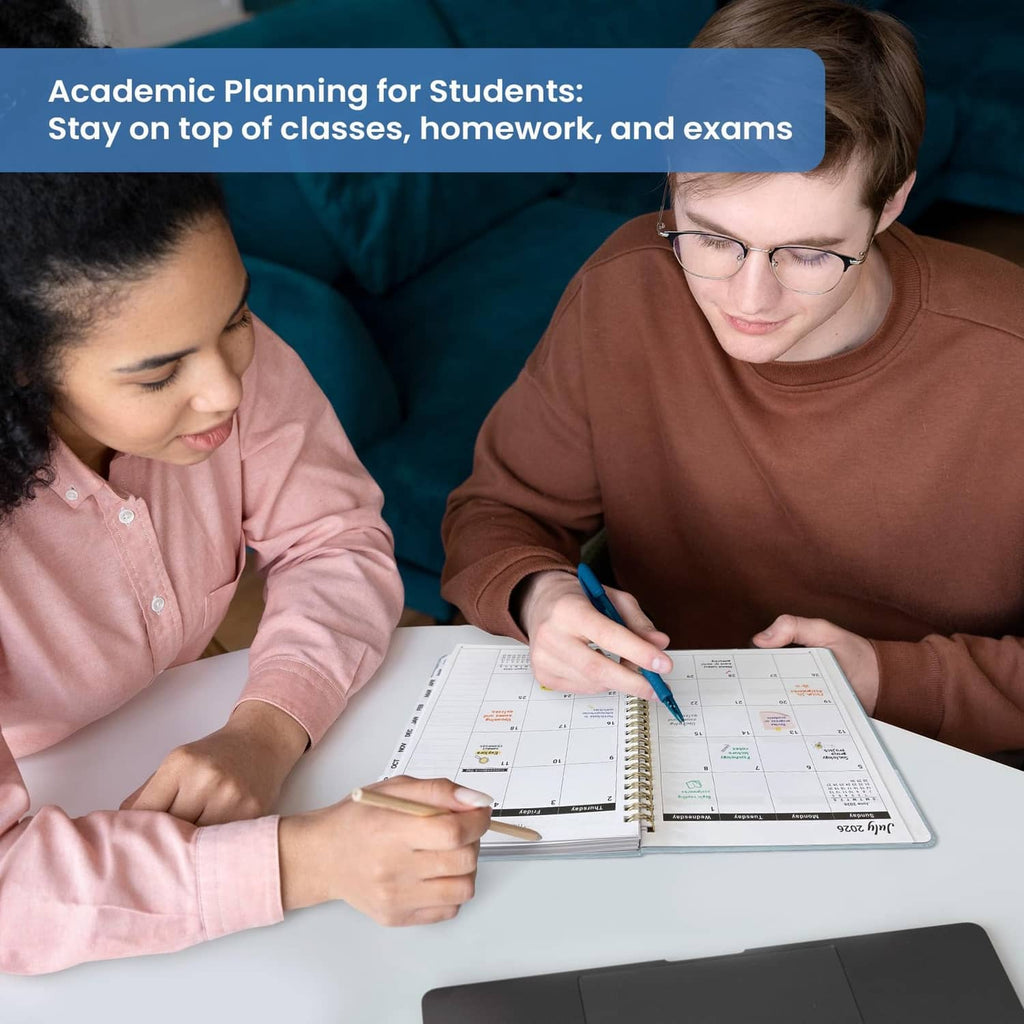 Student writing in an open planner with monthly calendar pages visible