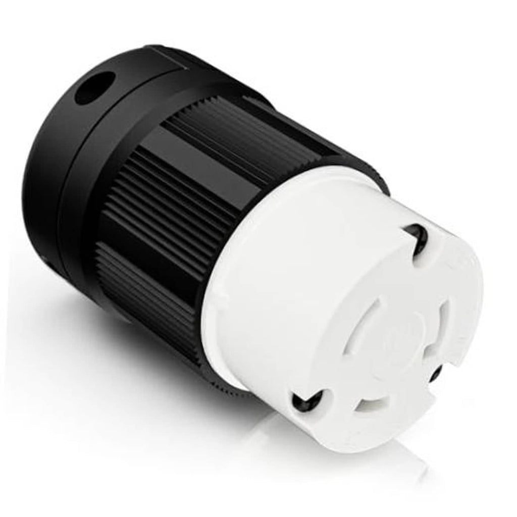 Twist-lock generator adapter female plug, black housing with white outlet face and locking tabs