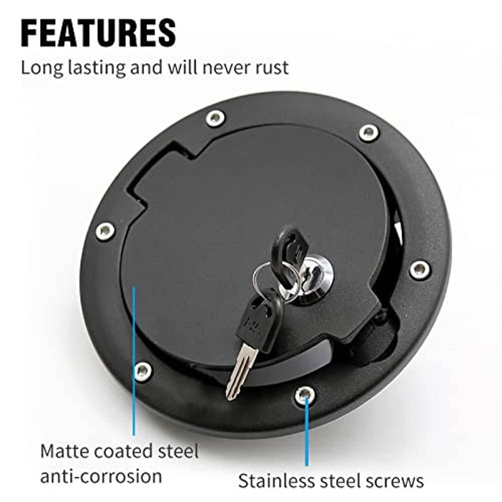 Black fuel filler cap cover with locking key, matte surface and visible stainless screws