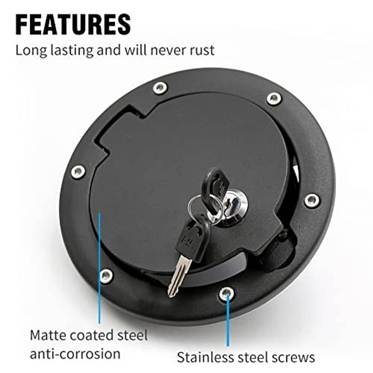 Black fuel filler cap cover with locking key, matte surface and visible stainless screws