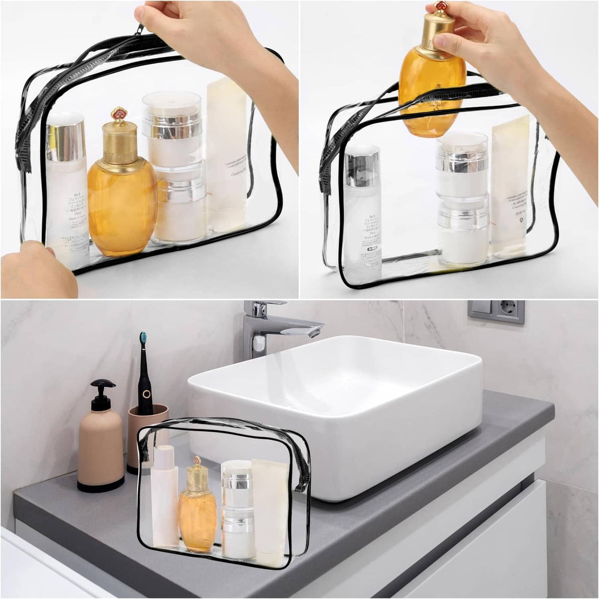 Clear toiletry bag with black zipper, held by hands near sink with bottles inside