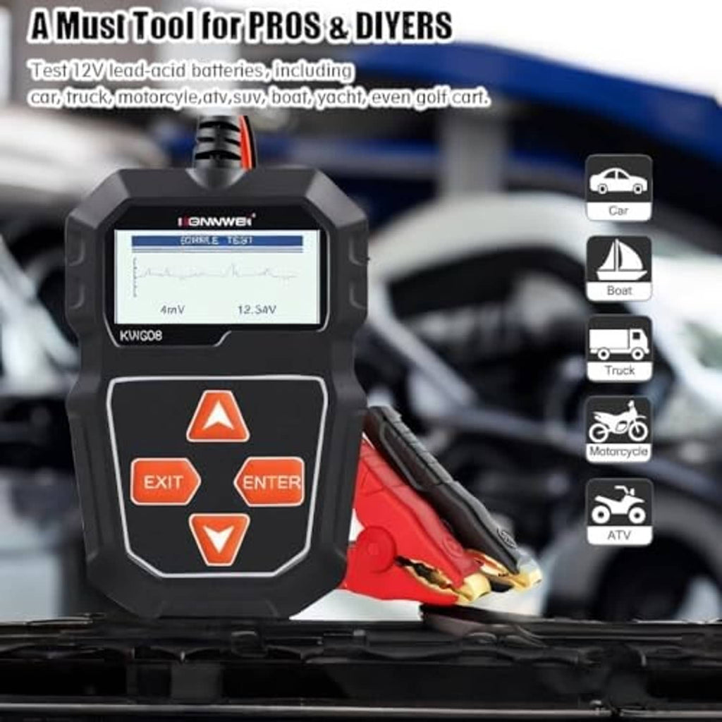 Car battery tester with LCD screen and red/black clamps on a vehicle