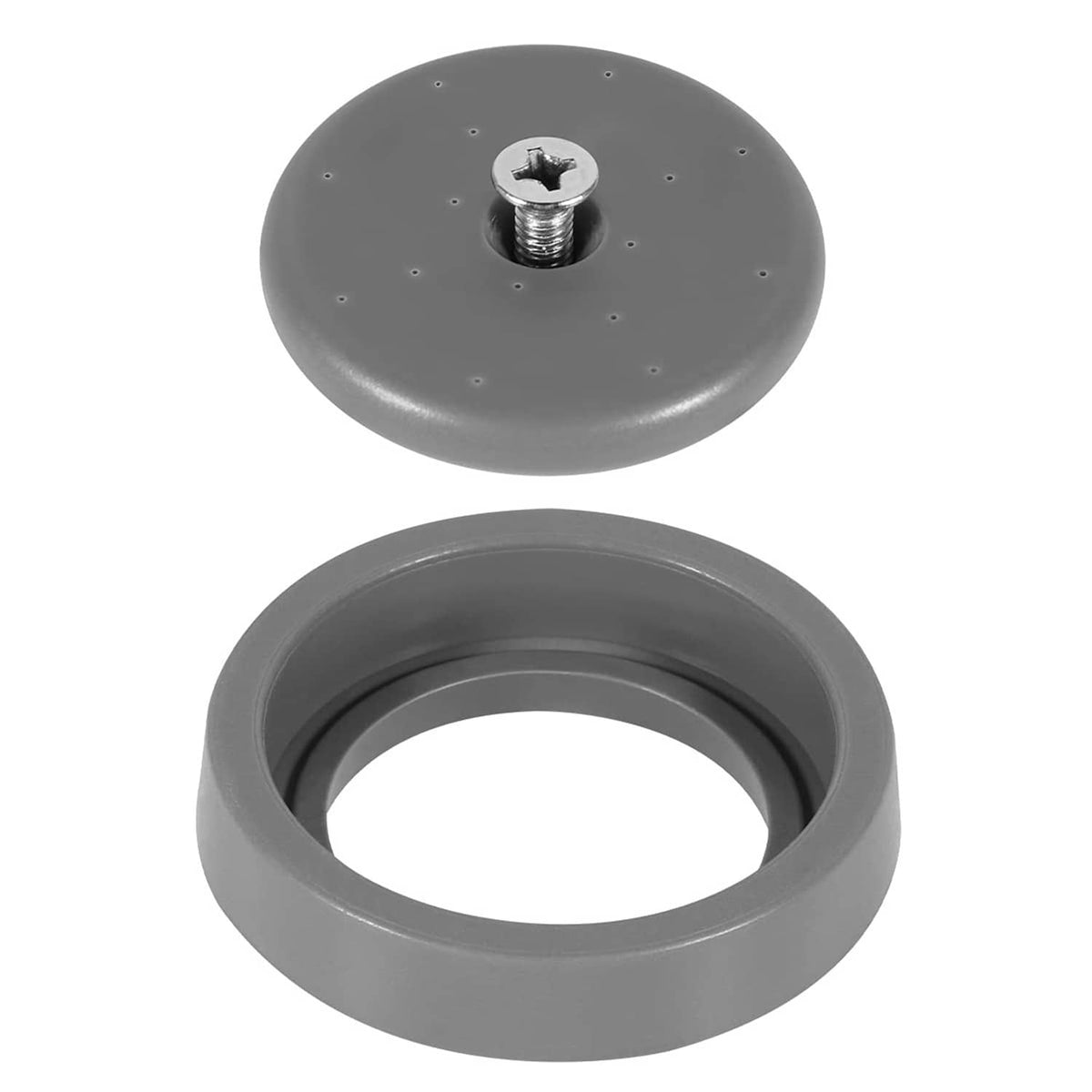Gray spray valve face with central screw hole and multiple small outlet holes