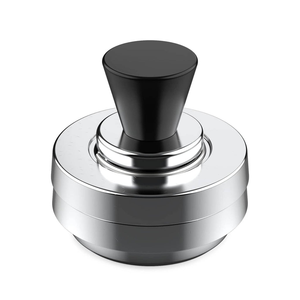 Pressure canner regulator weight with black top and silver ring base.