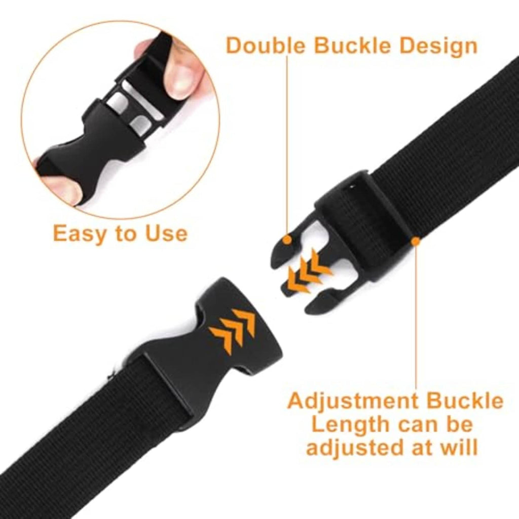 Black nylon tie-down strap with double-buckle quick release and adjustable length end