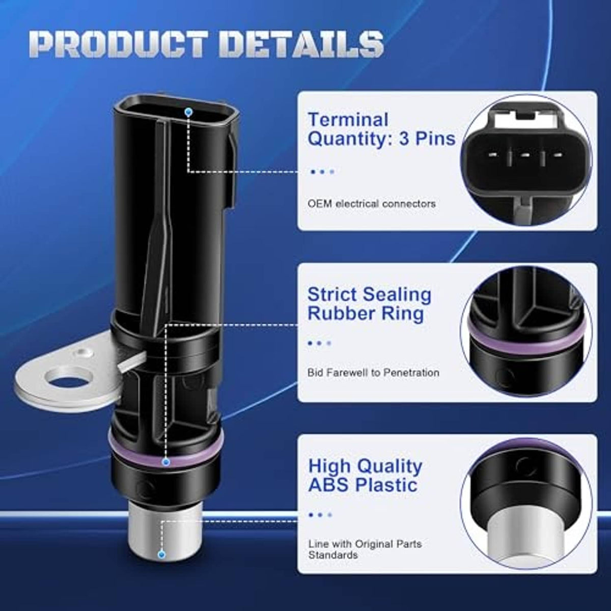 Crankshaft position sensor with black housing, purple seal ring, and metal flange
