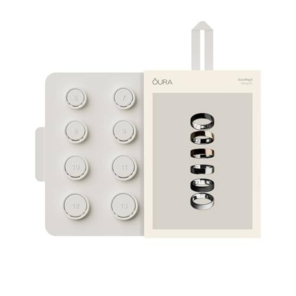 Ring size guide kit with numbered sizer rings and a hanging sizing guide card