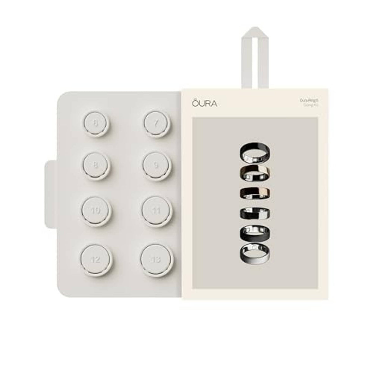 Ring size guide kit with numbered sizer rings and a hanging sizing guide card