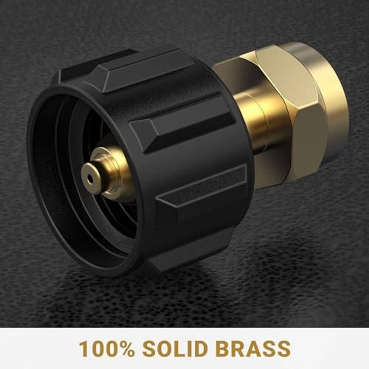 Propane refill adapter with black ring body and brass inlet port, close-up