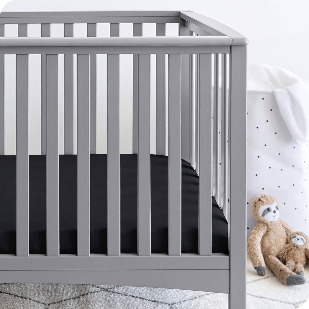 Crib fitted sheet, dark charcoal microfiber on crib mattress with elastic edge fit