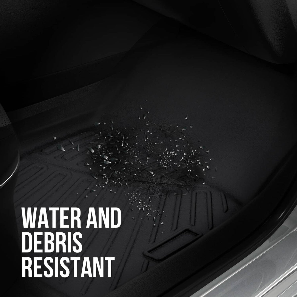 Black cargo liner with deep ridges and grooves to help contain water and debris