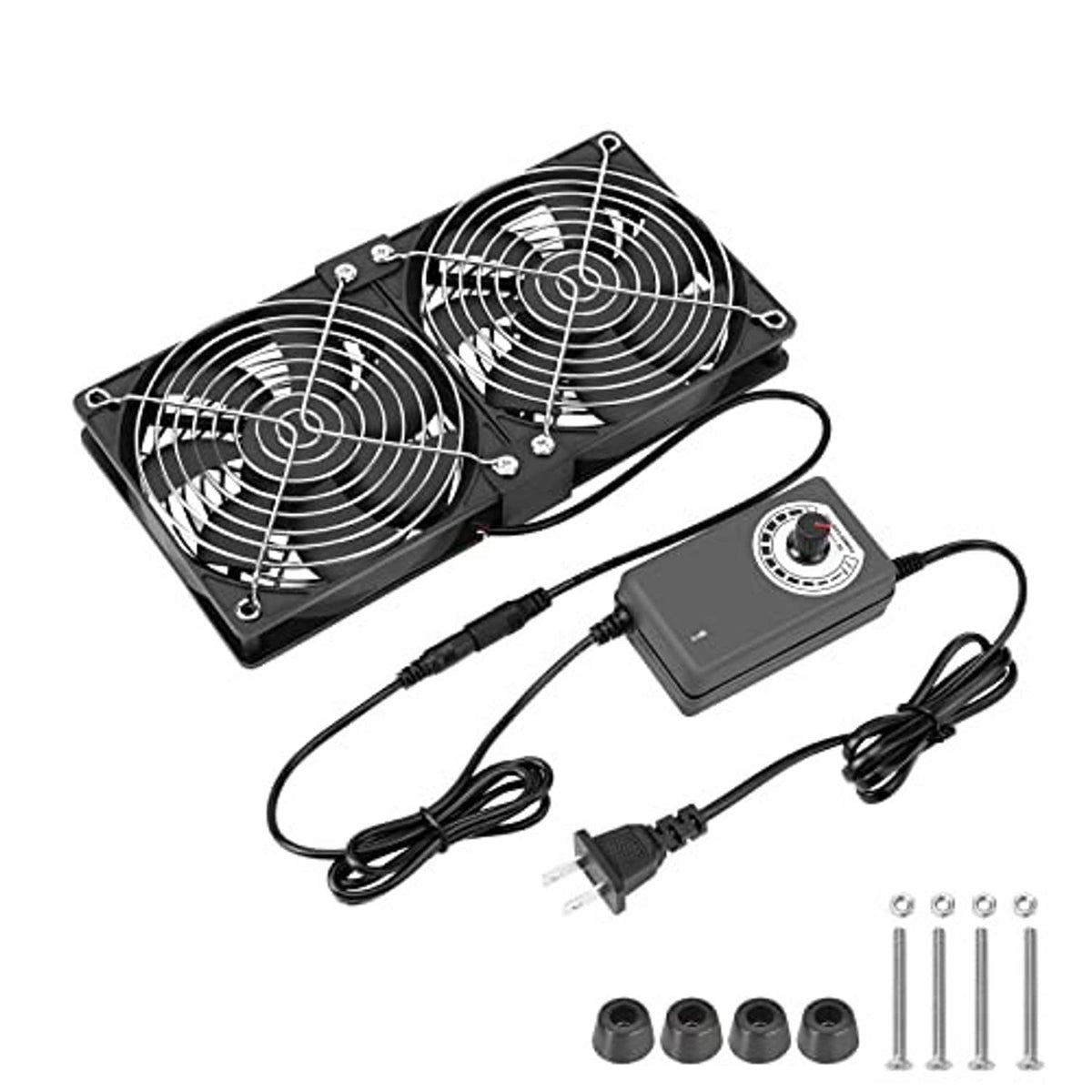 Dual 120mm computer fans with speed controller and power cable, plus mounting rings