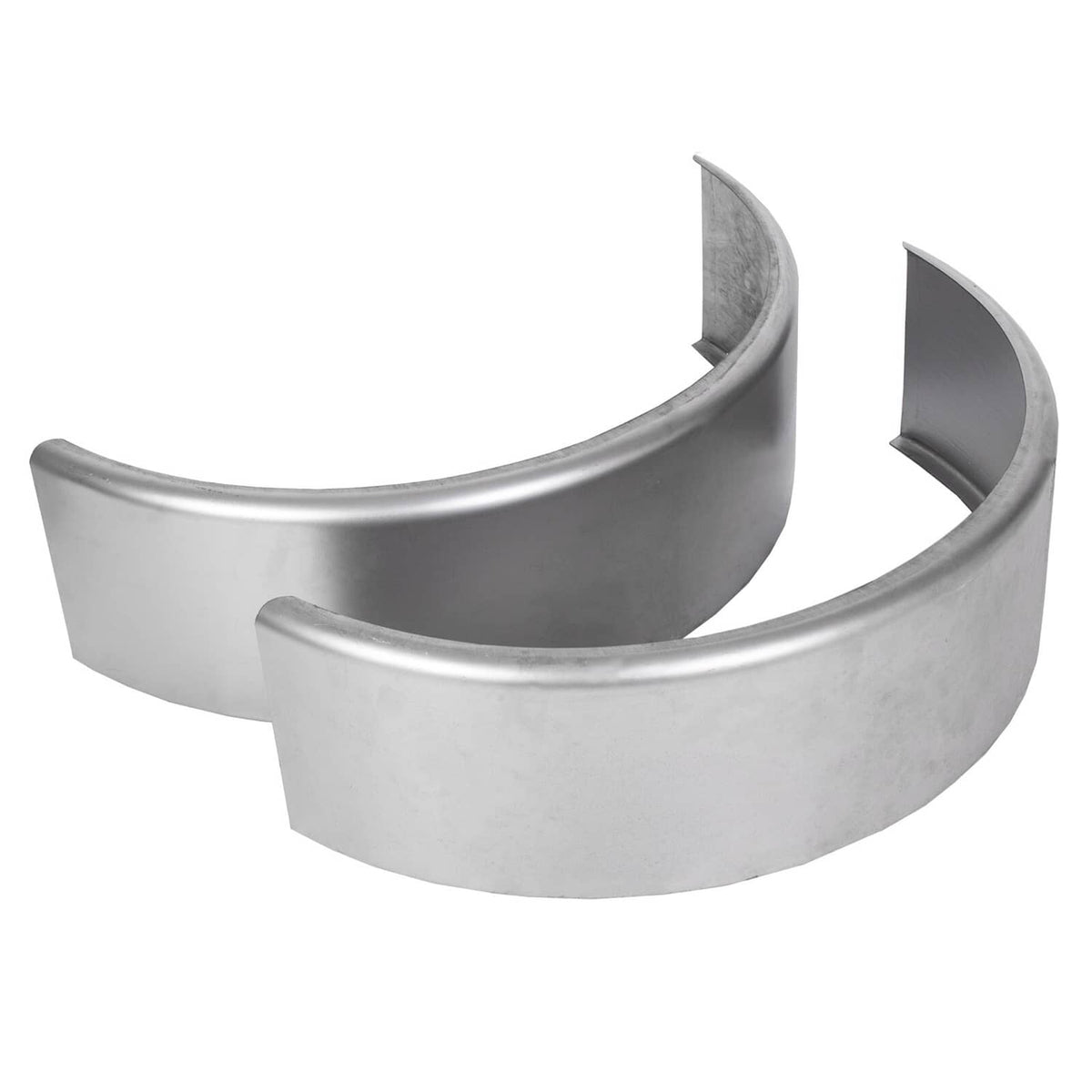 Two-piece round steel trailer fender set, curved profile with back mounting tabs