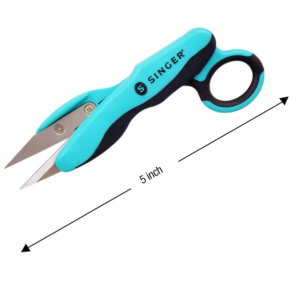 Teal and black 5-inch thread snips with size guide arrow