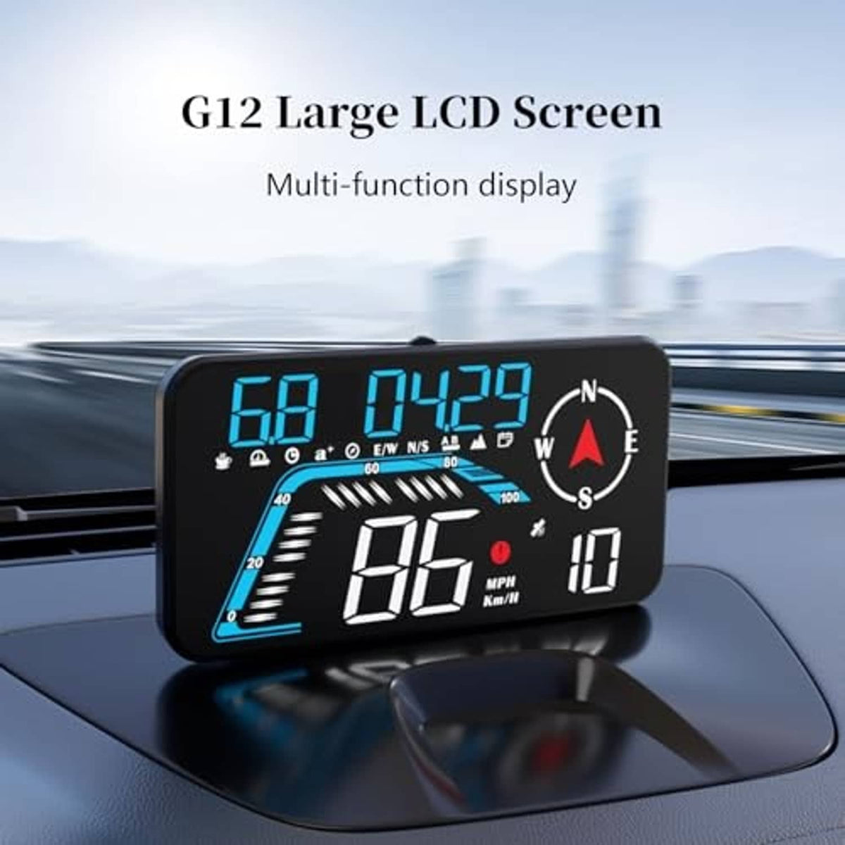 Car head-up display mounted on dashboard, black unit with large blue speed digits