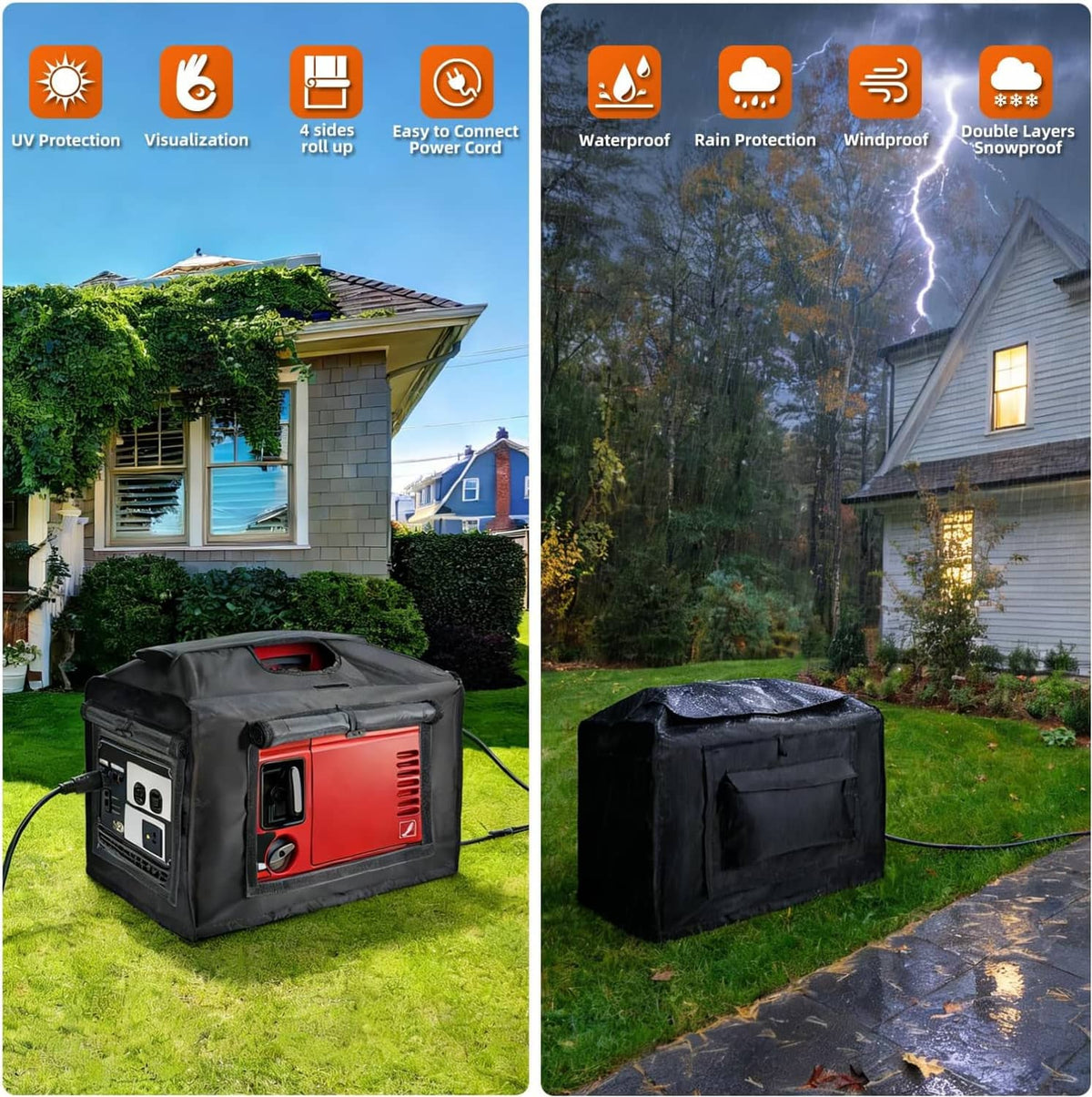 Black generator cover tent set up outdoors on grass, front panel closed