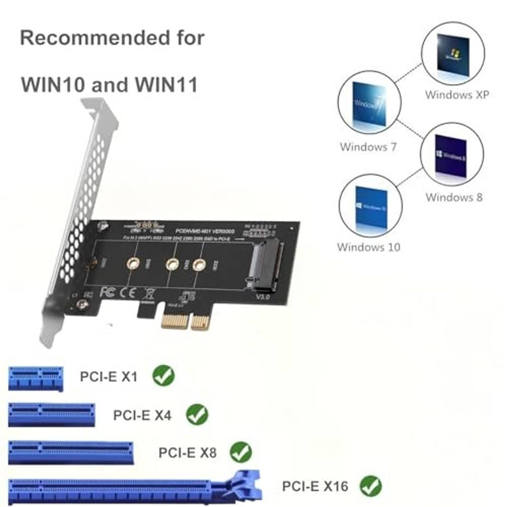 PCIe adapter card recommended for Windows systems with PCIe lane support icons
