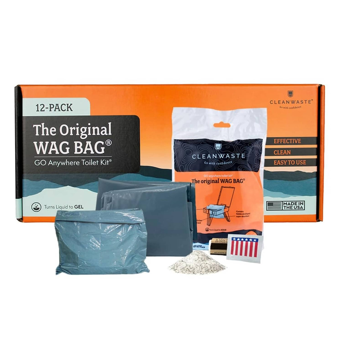 12-pack portable waste disposal bag kit with blue pouches and gelling powder