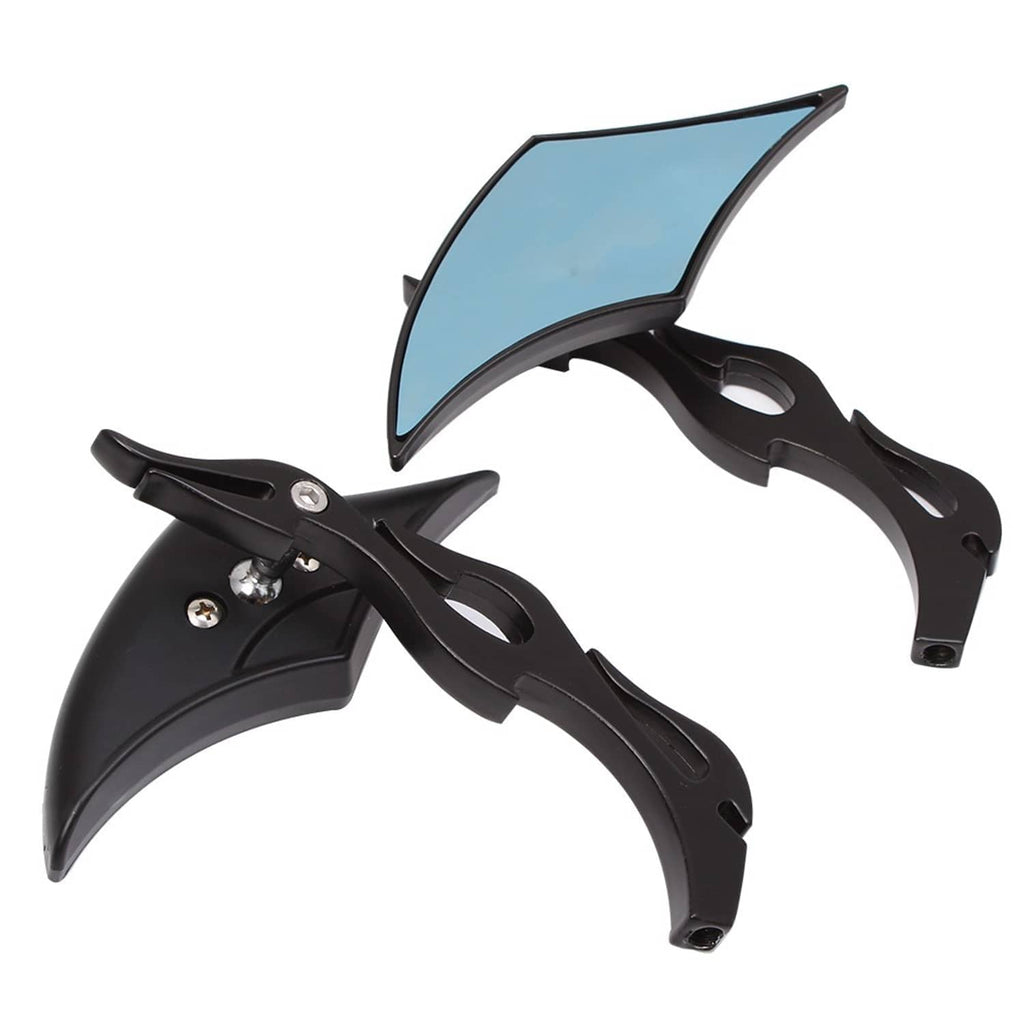 Black motorcycle rearview mirror pair with blue lenses and wing-shaped brackets