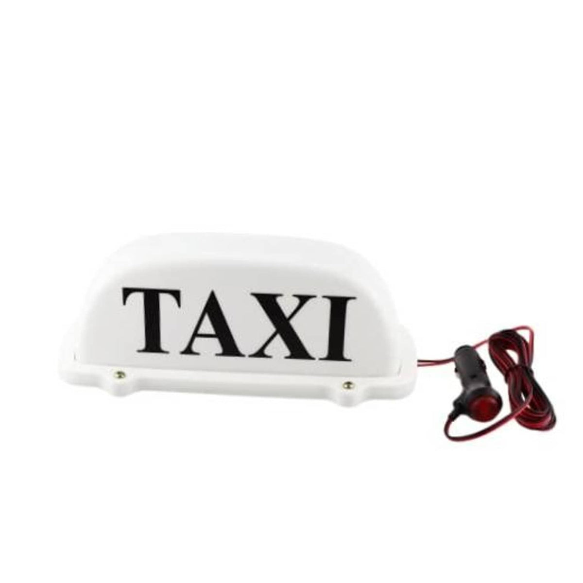 White taxi roof light topper with "TAXI" lettering and red wire power lead