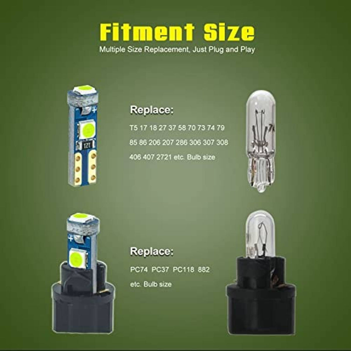 Ice blue LED bulb fitment diagram showing two blue-and-black bulb styles