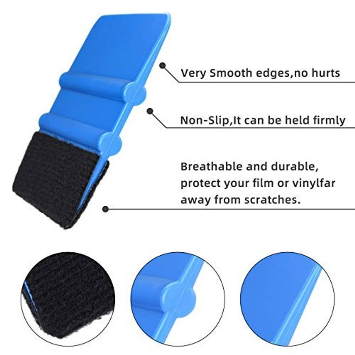 Blue felt edge squeegee with smooth head and non-slip hold, black felt rubbing pad