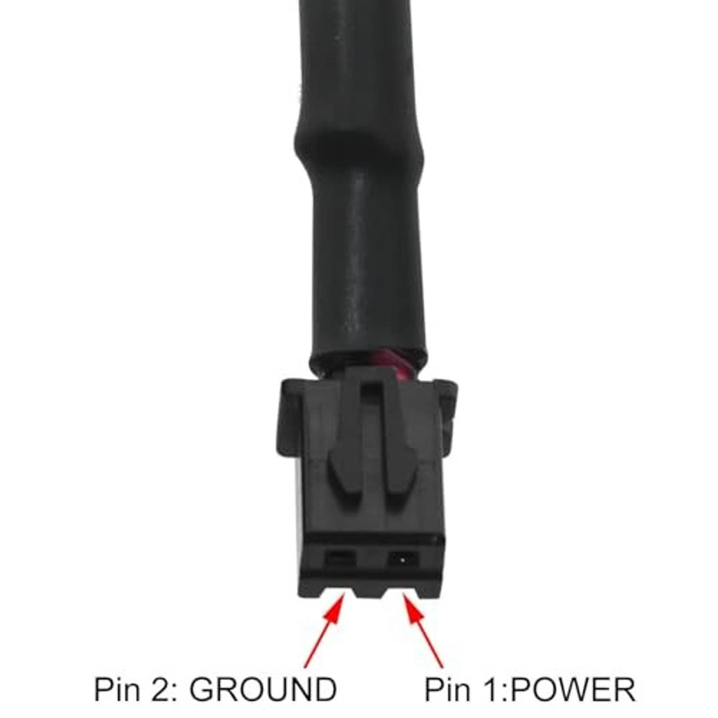 Mini 2-pin JST XH connector end on adapter cable, showing Pin 2 ground and Pin 1 power
