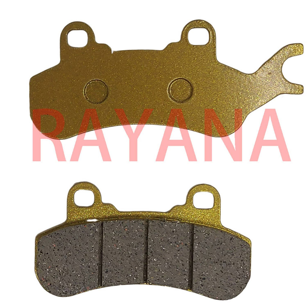 Brake pad set with a gold-shaded pad and a dark segmented pad, both with mounting holes