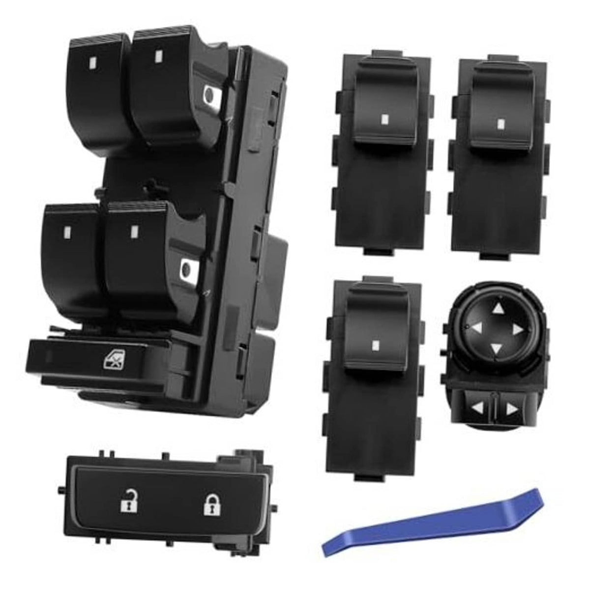 Car power window switch set with door lock and mirror control buttons, black plastic.