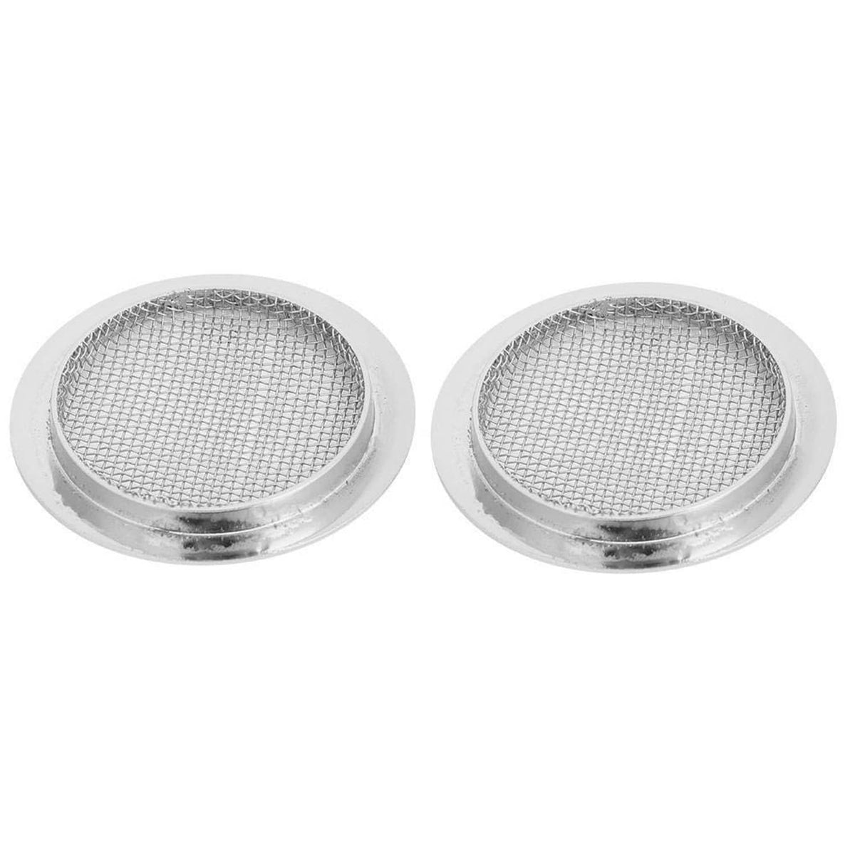 Pair of round silver resonator screen inserts with fine metal mesh faces