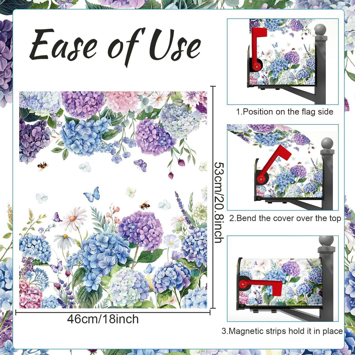 Hydrangea mailbox cover magnetic strips instruction graphic with blue frame