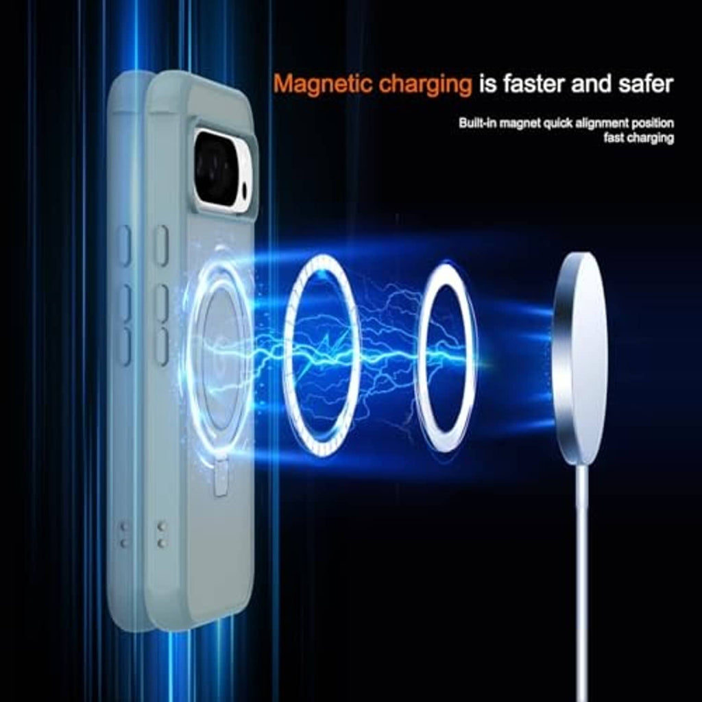 Teal magnetic phone case with camera cutout and charging alignment feature
