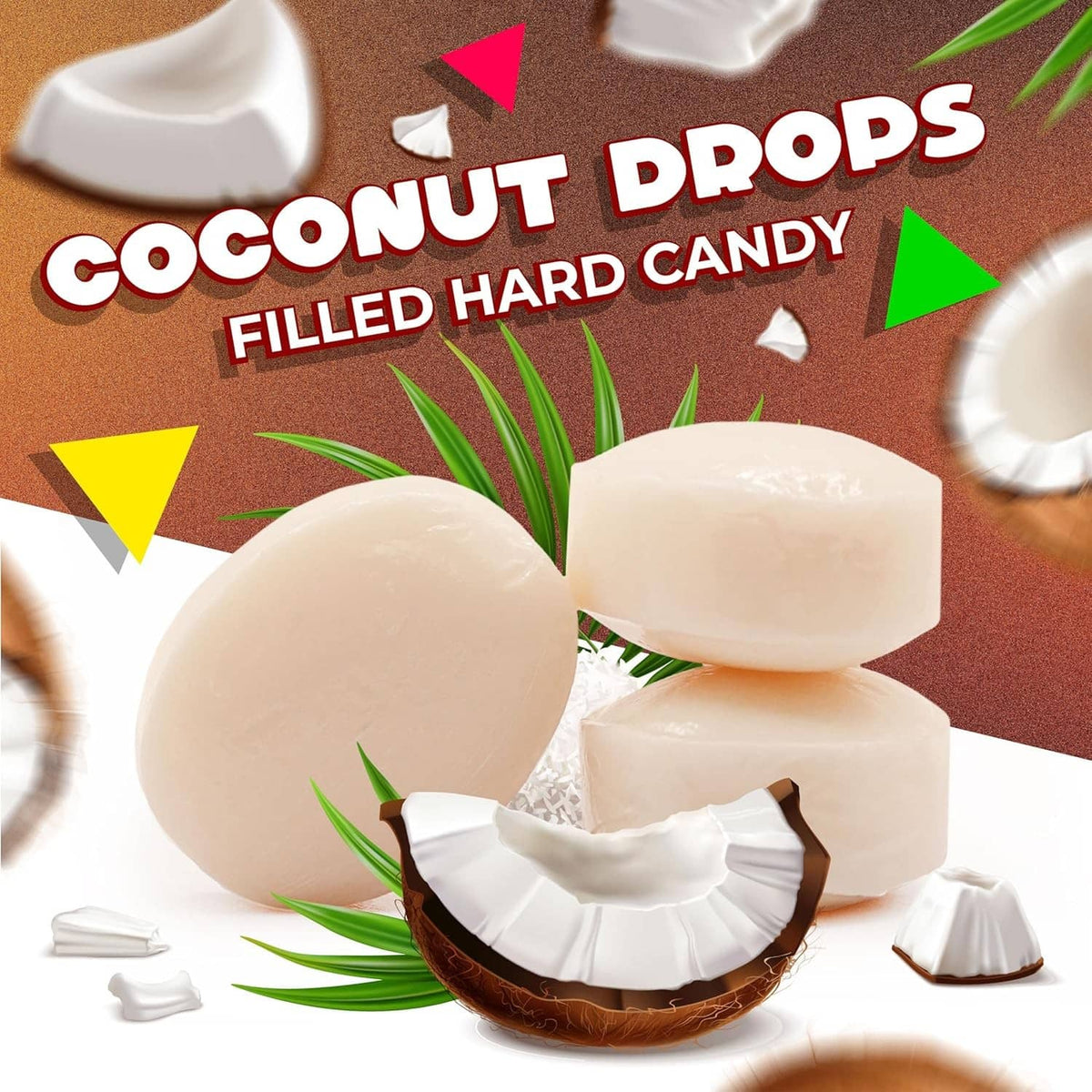 Coconut-filled hard candies stacked with shredded coconut accents