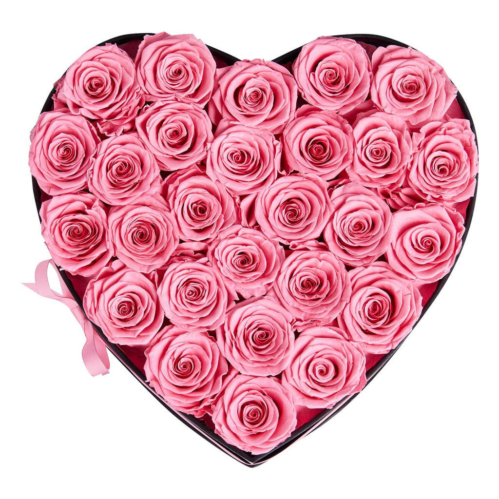 Heart-shaped preserved rose box with pink roses, full heart-shaped arrangement