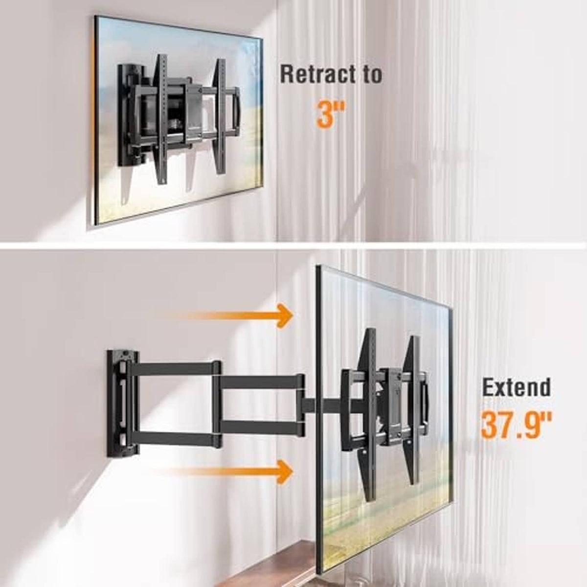Black retractable and extendable long-arm TV wall mount with bracket hardware