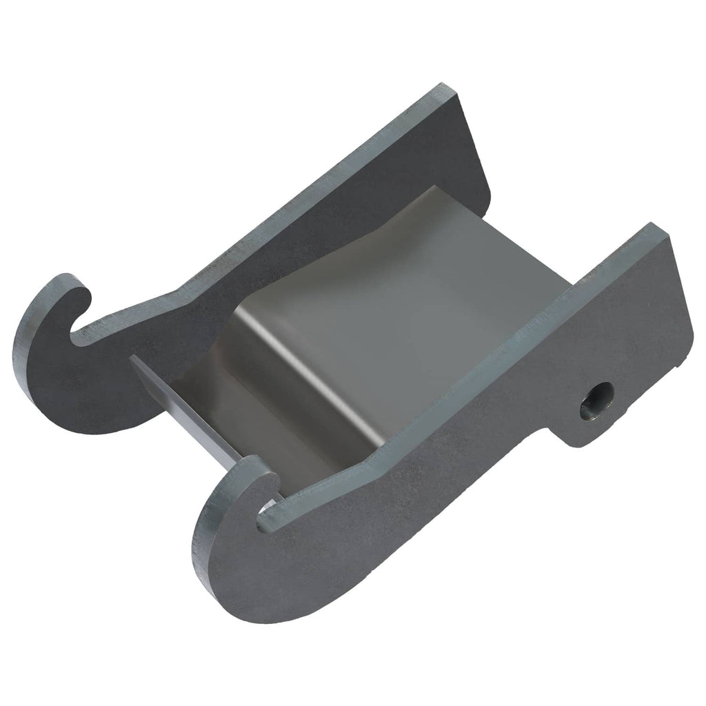 Dark gray steel excavator coupler bracket with U-shaped ends and side bolt hole openings