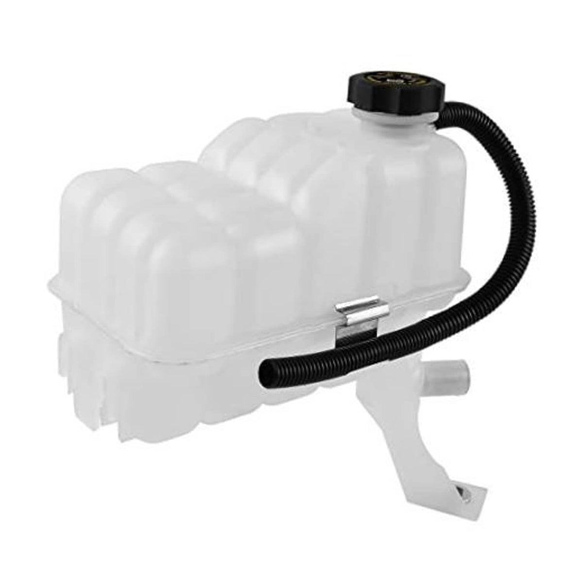 Engine coolant overflow tank with black hose and black cap, white plastic reservoir