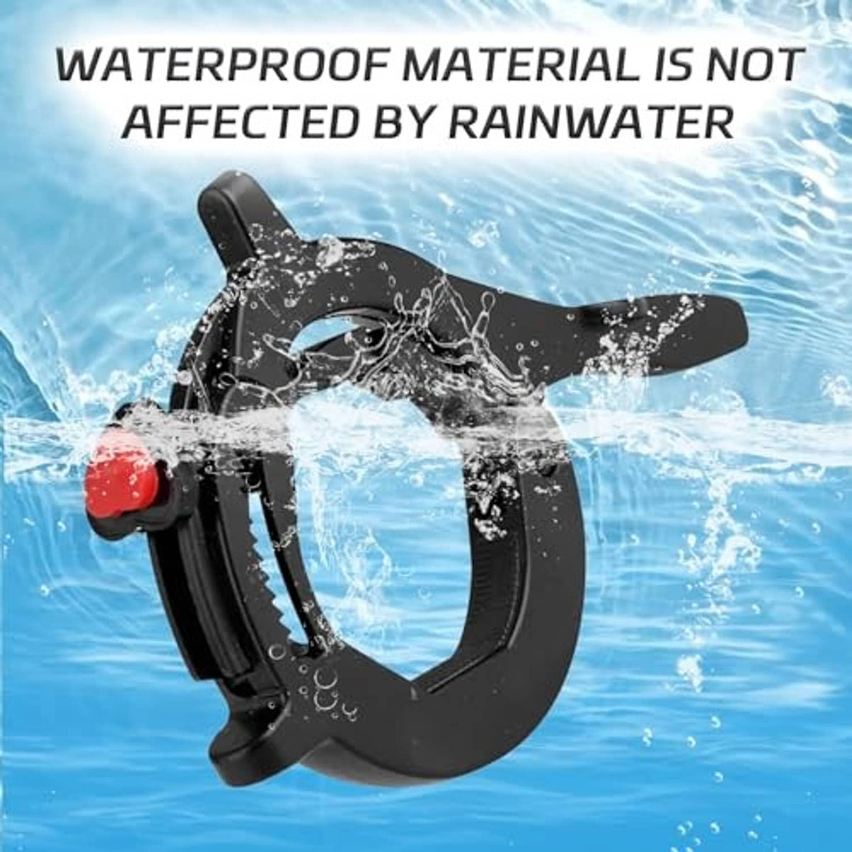 Black motorcycle throttle lock clamp with red button covered in water droplets