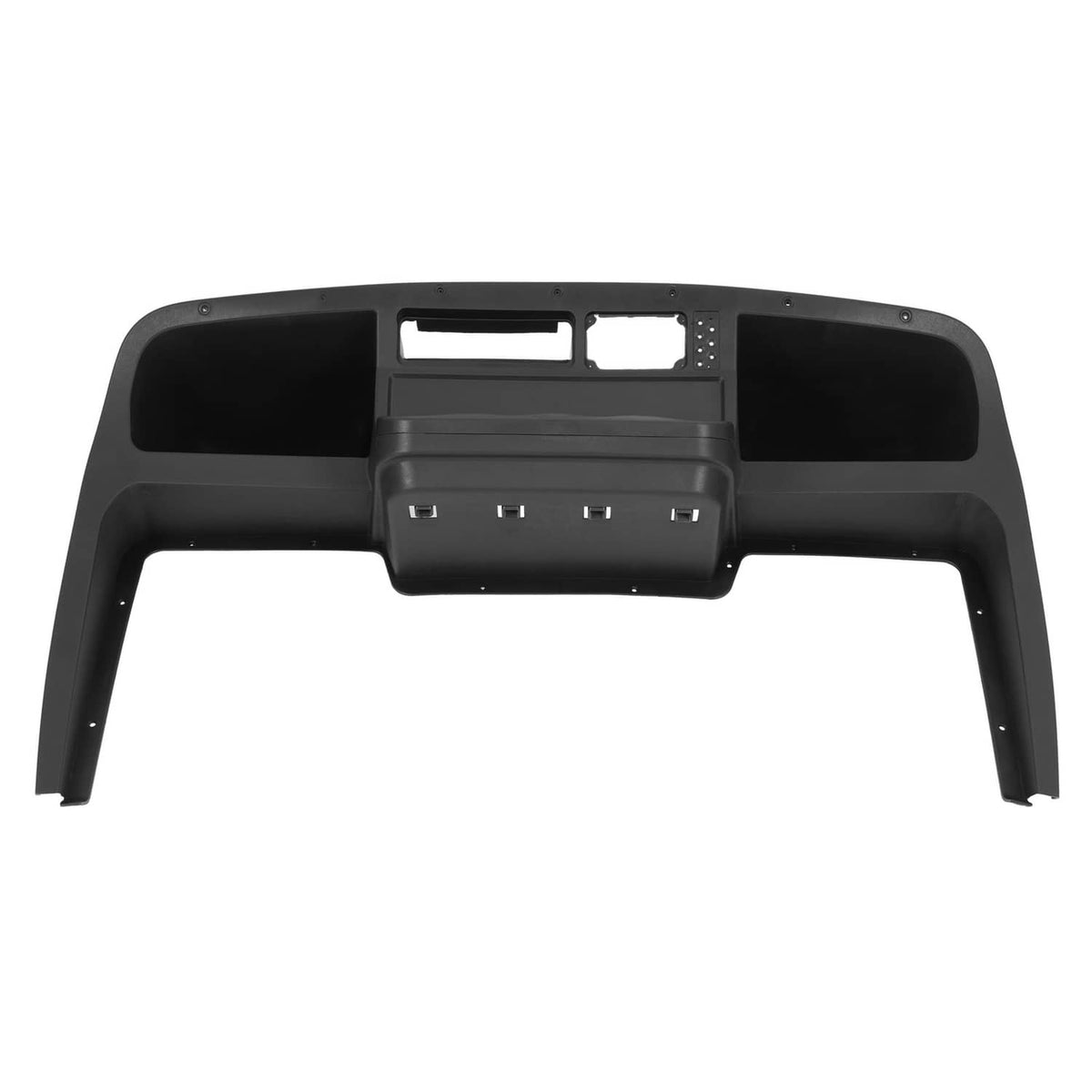 Golf cart instrument panel cover with center button area and two large side storage bays