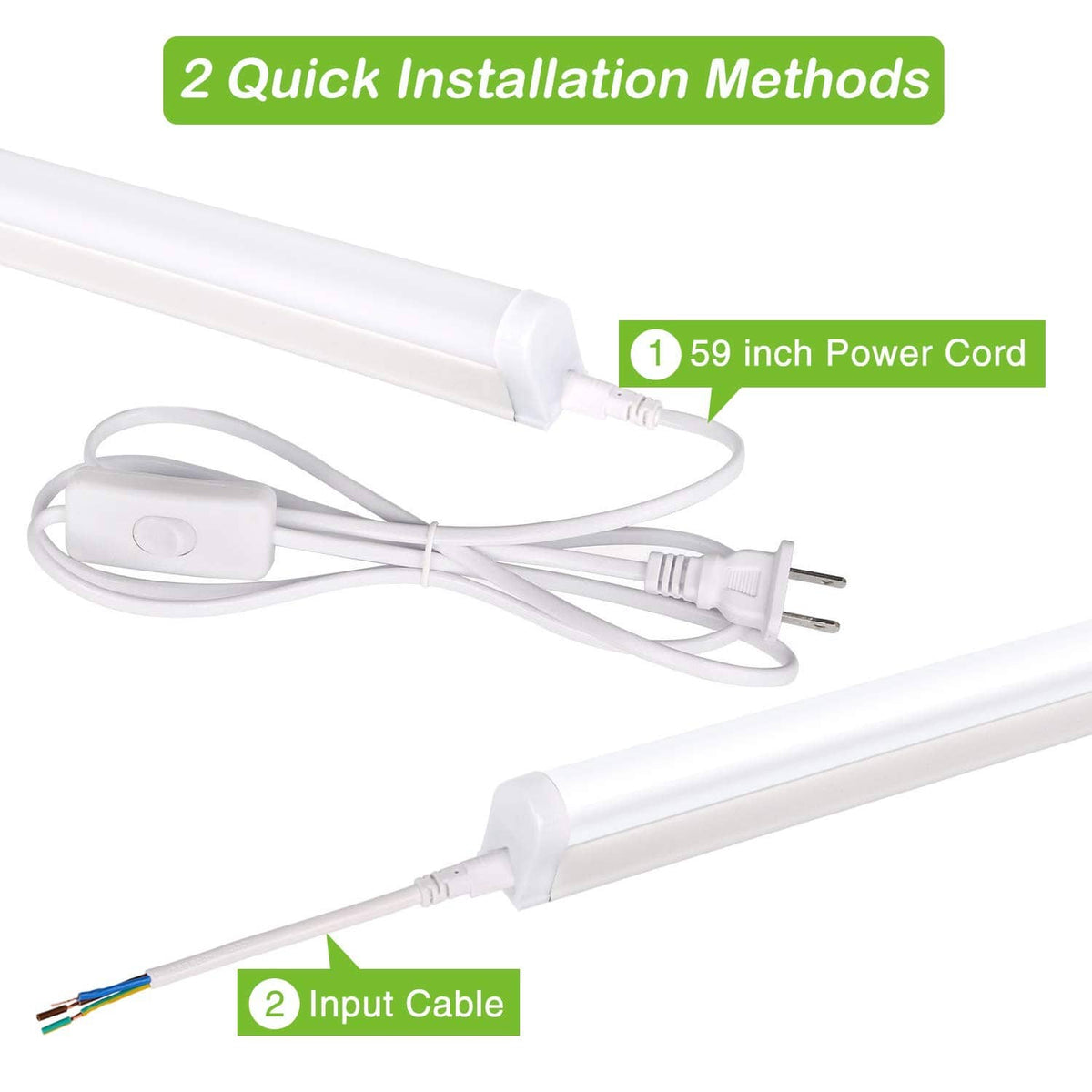 White LED tube light with attached power cord and input cable