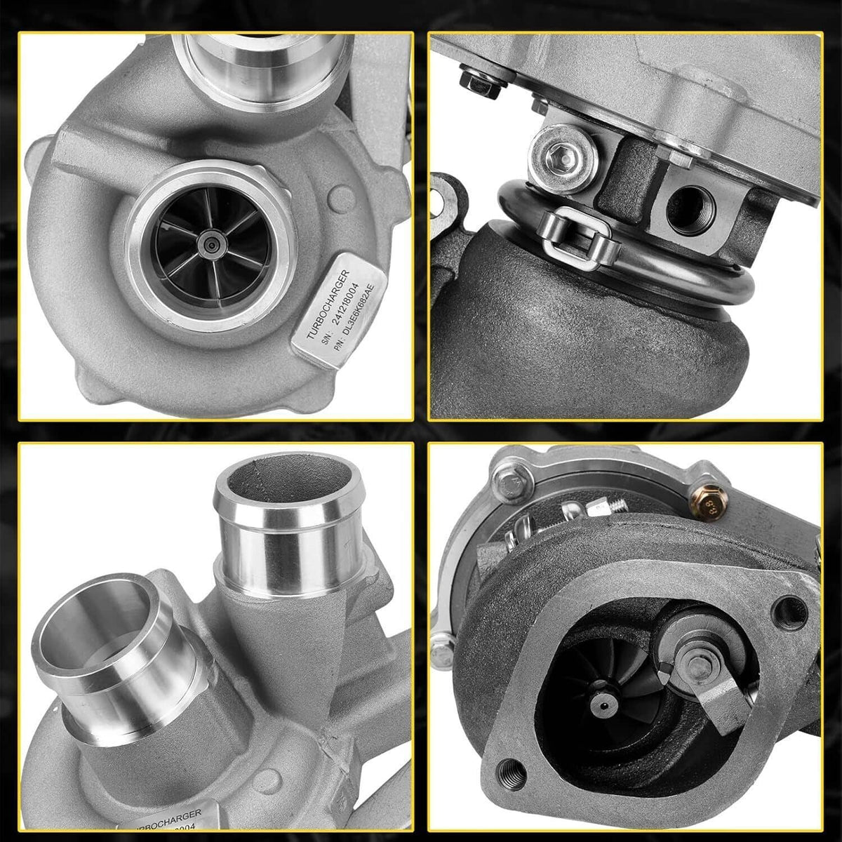 Silver turbocharger with turbine housing and mounting actuator detail