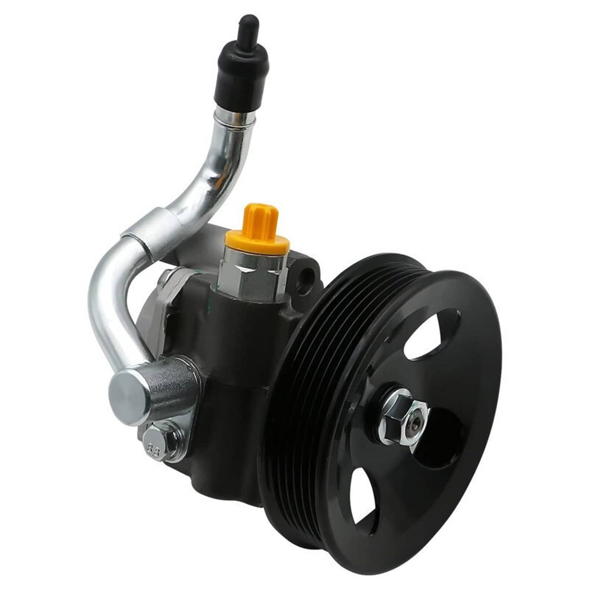 Power steering pump with black pulley, curved silver lines, and yellow cap