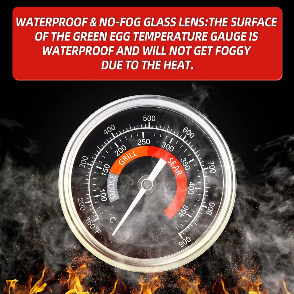 Round grill temperature gauge with white needle, red/black dial, smoky tempered glass